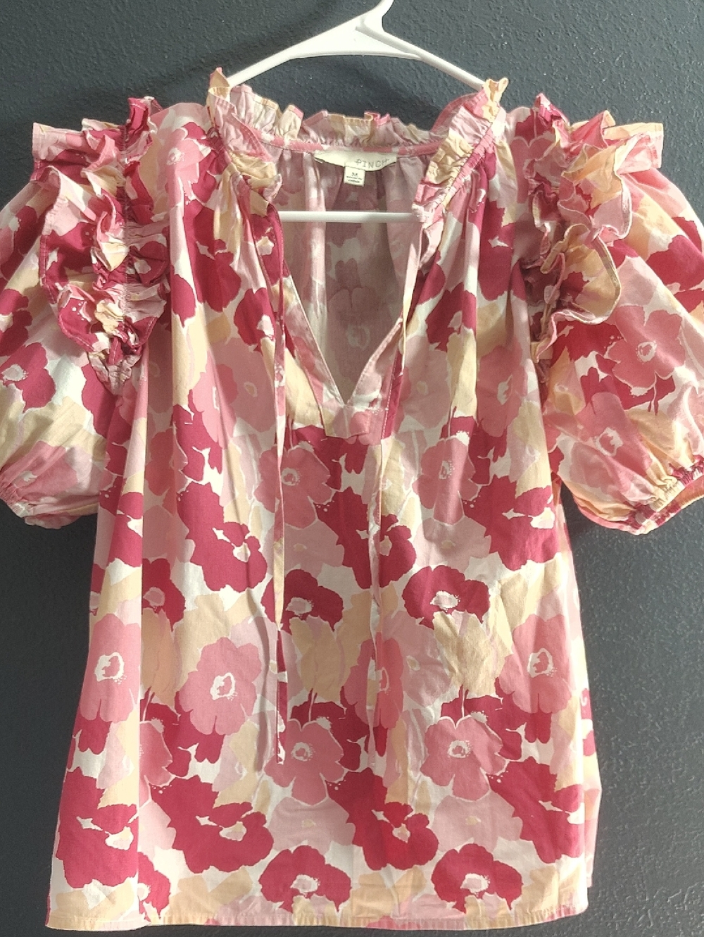 Pinch Shabby Feminine Chic Hippy Pink & Cream Ruffled Floral Blouse - Picture 4 of 6